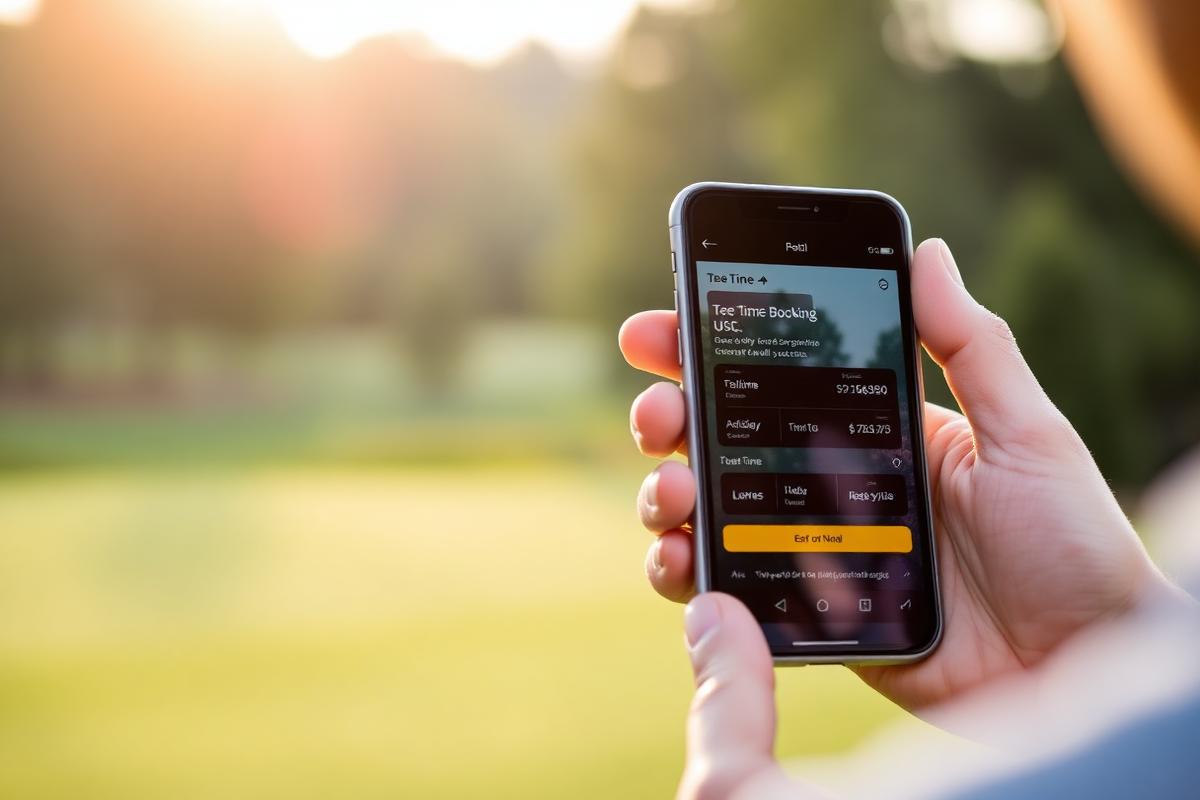 Golfer holding a phone showing a tee time booking screen
