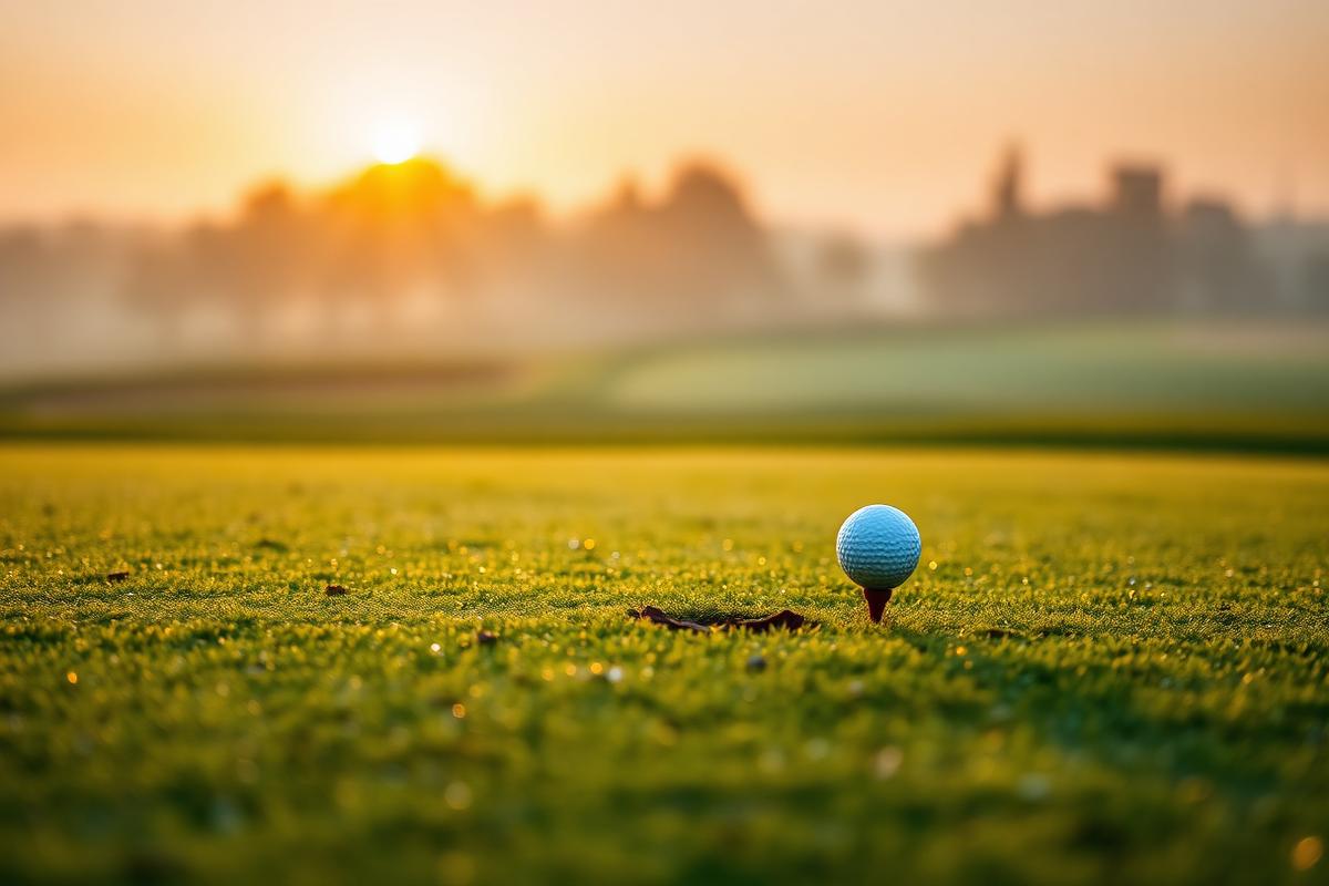 Single golf ball on a tee at sunrise on a misty fairway